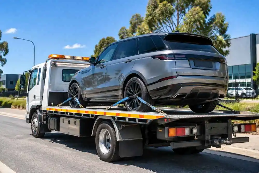 Luxury SUV on Flatbed Tow Truck